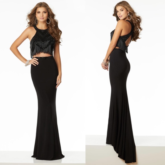 Mori Lee Prom beaded fringe 2-piece formal dress